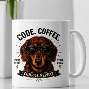Code Coffee Dachshund Mug | Compile Repeat Programmer Coffee Cup image 2