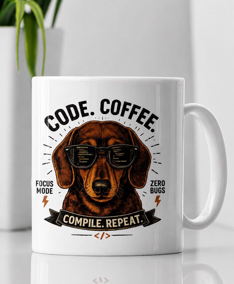 Code Coffee Dachshund Mug | Compile Repeat Programmer Coffee Cup image 2