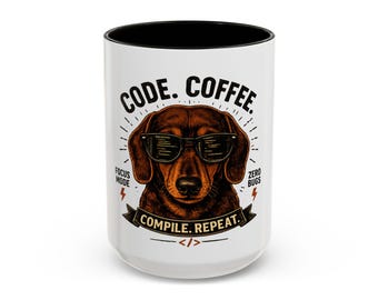 Taza de café con diseño de perro salchicha / Taza de café con el lema "Compilar, Repetir, Programador"