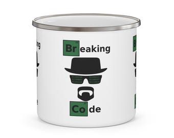 Taza esmaltada "Rompiendo Códigos" / Diseño de Hacker Heisenberg