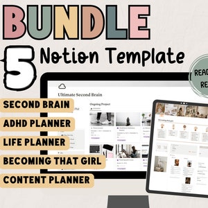 Puede incluir: Una ilustración digital de una pantalla de ordenador y una tableta que muestran un paquete de cinco plantillas de Notion. Las plantillas se titulan "Second Brain", "ADHD Planner", "Life Planner", "Becoming That Girl" y "Content Planner". El texto "READY TO RESELL" está escrito en un círculo en la imagen.