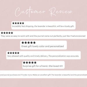 Puede incluir: Un fondo rosa claro con las palabras "Customer Review" en una fuente manuscrita. Varios cuadros rectangulares blancos muestran rese&ntilde;as de clientes con calificaciones de cinco estrellas. Las rese&ntilde;as mencionan env&iacute;o r&aacute;pido y regalos personalizados.