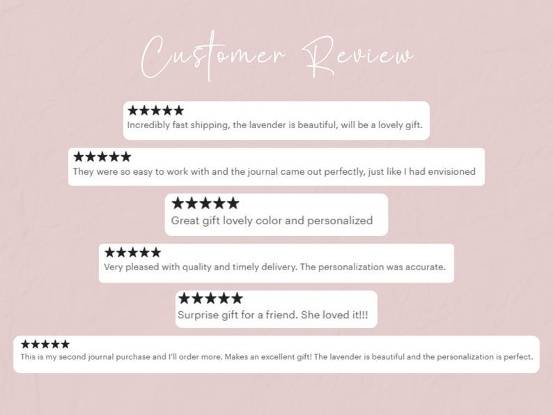 Puede incluir: Un fondo rosa claro con las palabras "Customer Review" en una fuente manuscrita. Varios cuadros rectangulares blancos muestran rese&ntilde;as de clientes con calificaciones de cinco estrellas. Las rese&ntilde;as mencionan env&iacute;o r&aacute;pido y regalos personalizados.