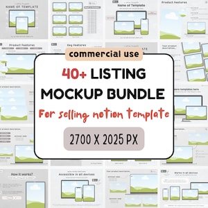 May include: A mockup bundle of 40+ listings for selling Notion templates. The image shows various mockups of devices displaying a Notion template, including laptops, tablets, and phones. The text "40+ LISTING MOCKUP BUNDLE" is displayed in bold, black text on a red background. The text "For selling notion template" is displayed in black text on a white background. The text "2700 X 2025 PX" is displayed in black text on a red background.