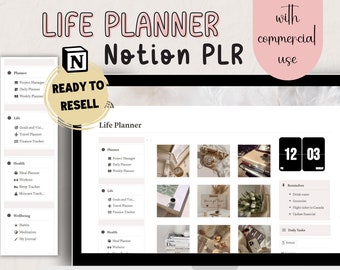 May include: A computer screen displaying a Notion Life Planner template with a light brown color scheme. The template includes sections for Planner, Life, Health, Wellbeing, and Daily Tasks. The screen also shows a digital clock displaying 12:03 and a grid of aesthetic images.