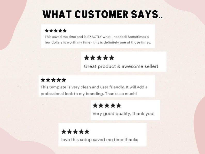 May include: Five customer reviews with five stars each. The reviews are positive and praise the product for its quality, ease of use, and time-saving features. The reviews include phrases like "Great product & awesome seller!" and "Very good quality, thank you!"