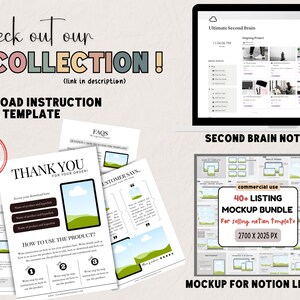 May include: A digital mockup template for selling Notion templates. The template features a green and white landscape design with a cloud and text that says "Thank You for Your Order!" and "How to Use the Product?" The template is 2700 x 2025 pixels and includes 40+ listing mockups.