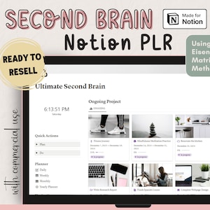May include: A screenshot of a Notion page titled "Ultimate Second Brain" with a light grey background. The page is divided into sections, including "Ongoing Project", "Quick Actions", "Planner", "Reminders", and "Habits". The page also includes a calendar, a list of tasks, and a progress bar.