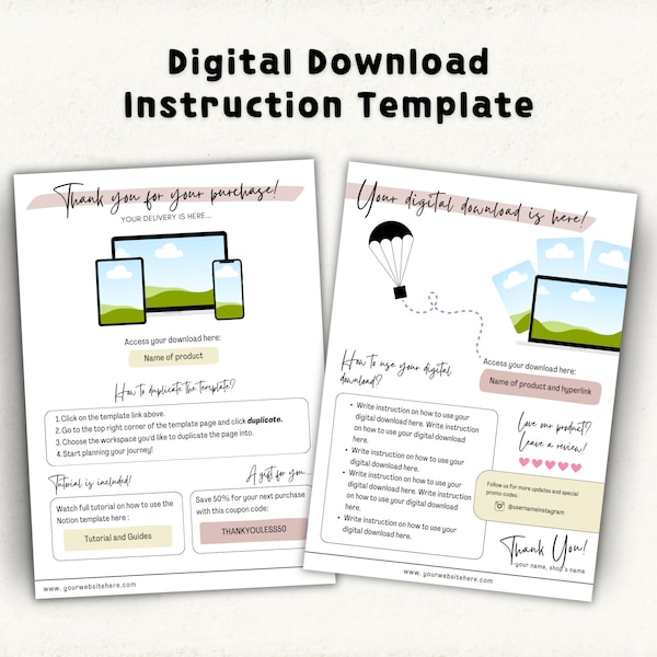 Digital instruction canva template for digital download thank you instruction digital download instruction template canva thank you template