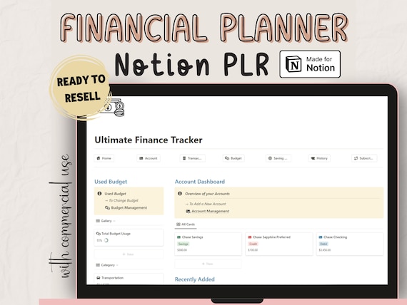 PLR Notion Financial Planner Commercial Use Finance Monthly Budget Template Digital Saving Tracker Personal Budget Planning Paycheck Expense