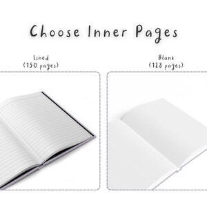 Puede incluir: La imagen muestra dos cuadernos abiertos. Uno tiene p&aacute;ginas rayadas con 150 p&aacute;ginas, el otro tiene p&aacute;ginas en blanco con 128 p&aacute;ginas. El texto "Choose Inner Pages" est&aacute; en la parte superior en una fuente manuscrita.