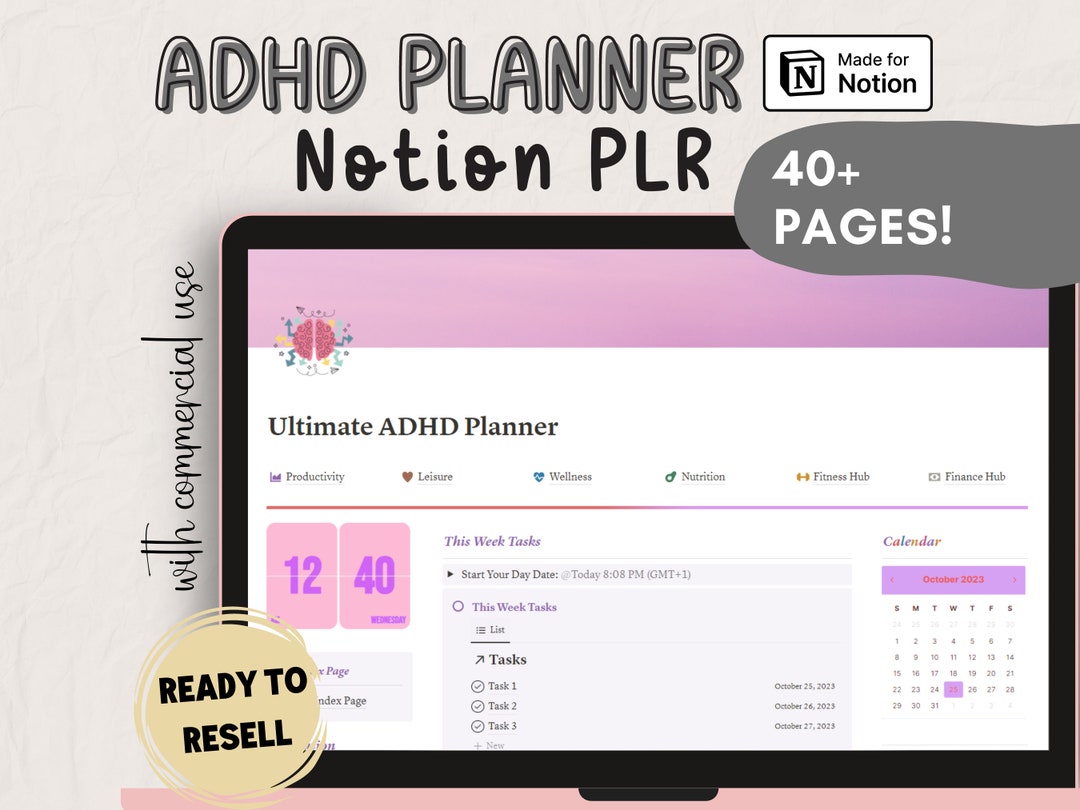 Notion ADHD Planner PLR Productivity Planner for Adult ADHD Digital ...