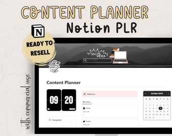 May include: A computer screen displaying a Notion content planner template with a calendar, a list of social media platforms, and a counter showing the number of days and hours until a deadline. The text "Content Planner" is displayed at the top of the screen. The text "Ready to Resell" is displayed in a circle with a black "N" in the center.