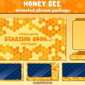May include: A set of animated Twitch stream overlays featuring a honeycomb pattern in yellow and orange. The overlays include a starting soon screen, a chat box, a new follower alert, and a recent cheer alert.