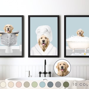 Custom Pet Portraits Set of 3, Pet in Bathtub, Funny Bathroom Art Print, Personalized Pet Dog Mom Gift Illustration, Pet in Bathtub
