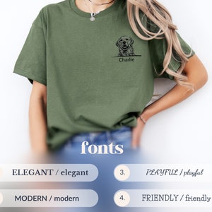 May include: A green t-shirt with a black and white illustration of a dog with the name "Charlie" printed below. The t-shirt is shown on a model. The image also shows four font options for customizing the t-shirt: Elegant, Modern, Playful, and Friendly.