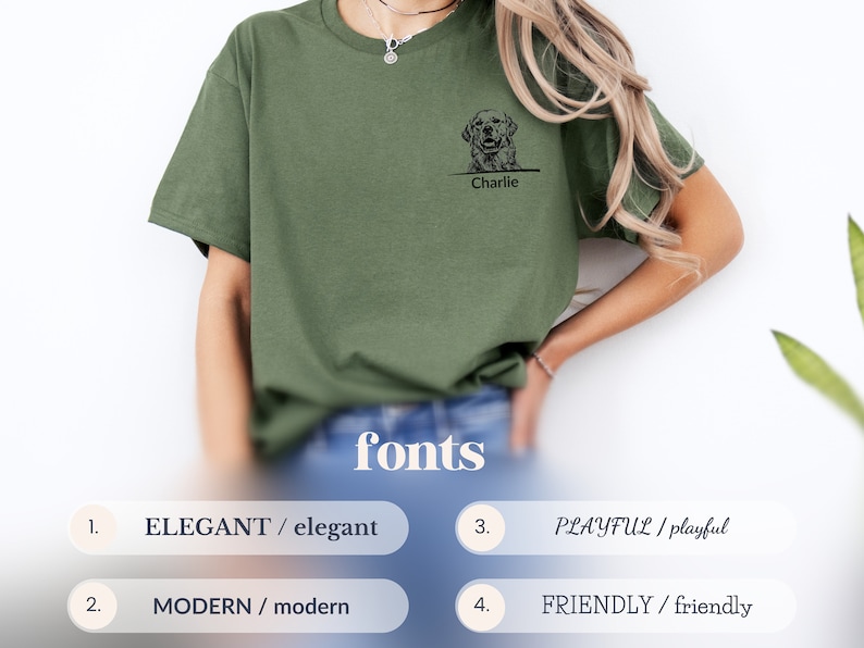 May include: A green t-shirt with a black and white illustration of a dog with the name "Charlie" printed below. The t-shirt is shown on a model. The image also shows four font options for customizing the t-shirt: Elegant, Modern, Playful, and Friendly.