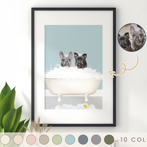 Two Dogs in Bathtub Print, Animal in Bathtub, Funny Bathroom Art Print, Personalized Pet Dog Gift Illustration