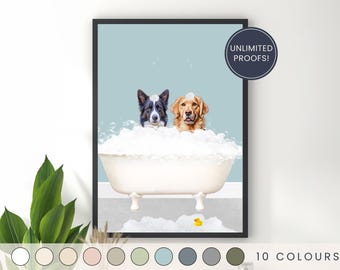 Stampa di due cani nella vasca da bagno, animale nella vasca da bagno, divertente stampa artistica per il bagno, illustrazione regalo personalizzata per cani.