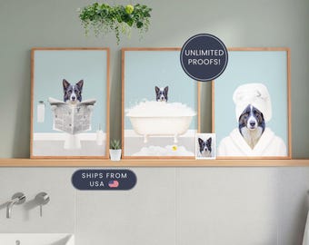 Custom Pet Portraits Set of 3, Pet in Bathtub, Funny Bathroom Art Print, Personalized Pet Dog Mom Gift Illustration, Pet in Bathtub