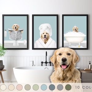 Custom Pet Portraits Set of 3, Pet in Bathtub, Funny Bathroom Art Print, Personalized Pet Dog Mom Gift Illustration, Pet in Bathtub