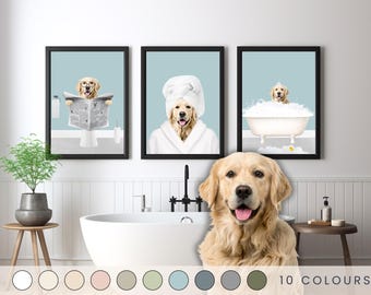 Custom Pet Portraits Set of 3, Pet in Bathtub, Funny Bathroom Art Print, Personalized Pet Dog Mom Gift Illustration, Pet in Bathtub