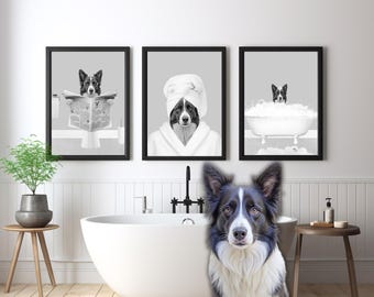 Custom Pet Portraits Set of 3, Pet in Bathtub, Black and White, Dog Bathroom Art Print, Personalized Dog Gift, Digital Portrait