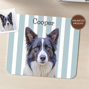 May include: A personalized mousepad featuring a portrait of a Border Collie dog named Cooper. The mousepad has a light blue and white striped background. A small photo of the dog is in the upper left corner. A brown sticker says "UNLIMITED PROOFS!"