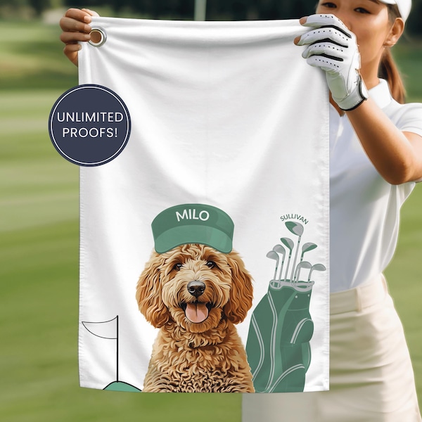 Toalla de golf personalizada para mascotas con foto y nombre de la mascota. Toallas de golf personalizadas para perros. Toallas de golf personalizadas para gatos. Toalla personalizada para perros. Toalla personalizada para gatos.