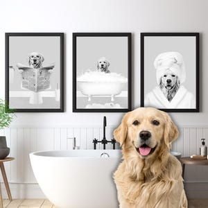 Set di 3 ritratti digitali personalizzati di animali domestici, animale domestico nella vasca da bagno, bianco e nero, stampa artistica per il bagno del cane, regalo personalizzato per cani