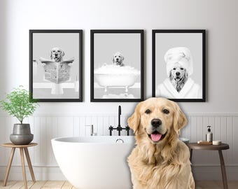 Custom Digital Pet Portraits Set of 3, Pet in Bathtub, Black and White, Dog Bathroom Art Print, Personalized Dog Gift
