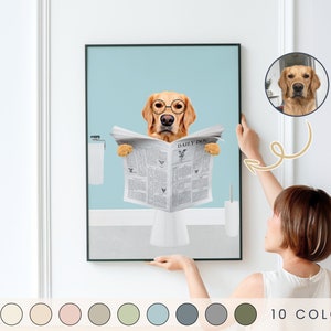 Custom Dog Portrait Read Newspaper Print, Funny Bathroom Art Print, Personalized Pet Dog Gift Illustration, Dog Lover Gift