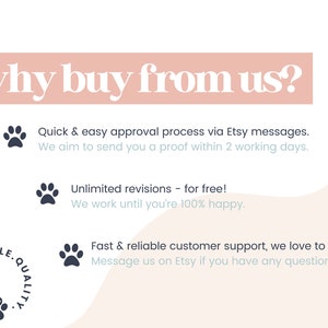 May include: A graphic with the text "why buy from us?" in white on a pink background. The graphic lists three reasons to buy from the seller: quick and easy approval process, unlimited revisions for free, and fast and reliable customer support. Each reason is accompanied by a paw print icon.