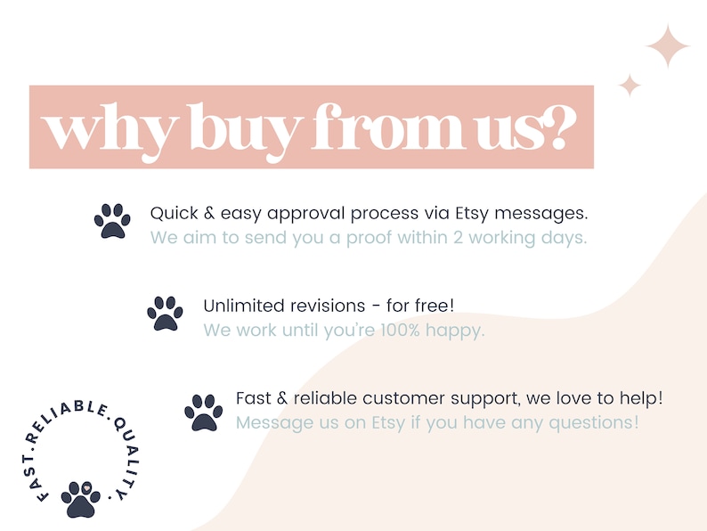 May include: A graphic with the text "why buy from us?" in white on a pink background. The graphic lists three reasons to buy from the seller: quick and easy approval process, unlimited revisions for free, and fast and reliable customer support. Each reason is accompanied by a paw print icon.