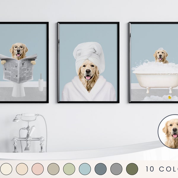 Custom Pet Portraits Set of 3, Pet in Bathtub, Funny Bathroom Art Print, Personalized Pet Dog Mom Gift Illustration, Pet in Bathtub