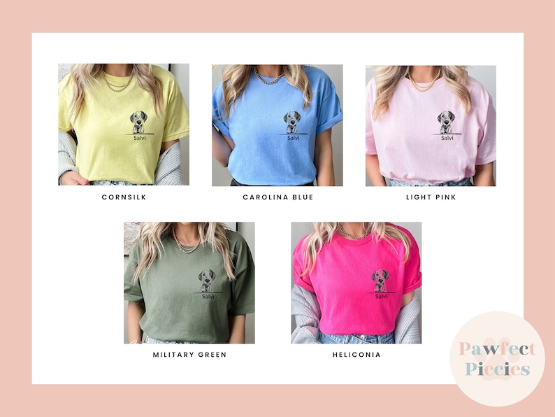 May include: Five different color t-shirts with a graphic of a dog and the name "Salvi" printed on the front. The colors are cornsilk, carolina blue, light pink, military green, and heliconia.