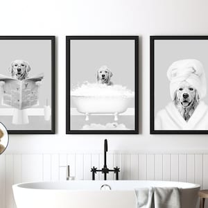 Custom Digital Pet Portraits Set of 3, Pet in Bathtub, Black and White, Dog Bathroom Art Print, Personalized Dog Gift