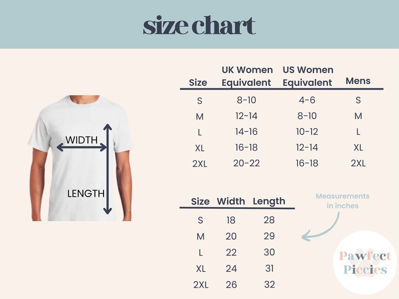 May include: Size chart for a t-shirt with measurements in inches for width and length. The chart also includes UK and US women's sizes and men's sizes.