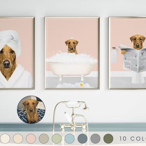 Custom Pet Portraits Set of 3, Pet in Bathtub, Funny Bathroom Art Print, Personalized Pet Dog Mom Gift Illustration, Pet in Bathtub