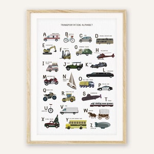 Transport alfabet print, voertuigen ABC print, jongen speelkamer kunst aan de muur, jongen decor kamer, klas prints, leren poster, retro alfabet