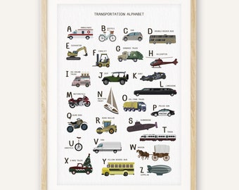 Lámina con el alfabeto de transporte, póster ABC de vehículos retro (descarga digital)
