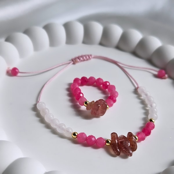 Parure de bracelet et d'opale quartz fraise - Bague et bracelet avec perles facettées fuchsia - Bijoux roses pour femme - Bracelet et bague roses