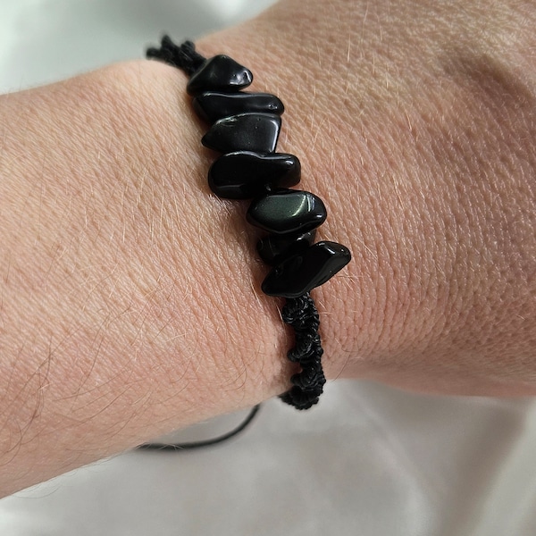 Black Obsidian Bracelet, Chip Gem Stone bracelet, Braided Cord Bracelet, Handmade Unique Gift for Her