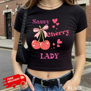 Sassy Cherry Lady Women&#39;s Baby Tee, feminist cropped tshirt, cherry fruit lover gift, summer t-shirt women girl,retro vintage graphic crop