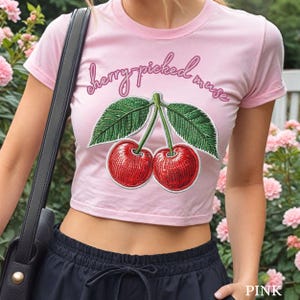 Cherry-Themed Women&#39;s Baby Tee, feminist cropped tshirt, cherry fruit lover gift, summer t-shirt for women girl , retro vintage graphic crop