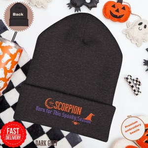Halloween embroidered scorpio beanie, zodiac astrological Fall gift, October birthday clothes present,spooky season style hat, horoscope cap