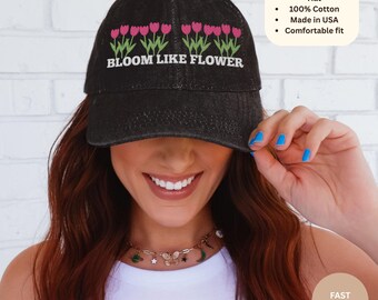 Bloom Like Flower Denim Hat, Embroidered Cap for Garden Lovers, Spring Gift, Floral dad hat, gift for graduation son daughter, for him her