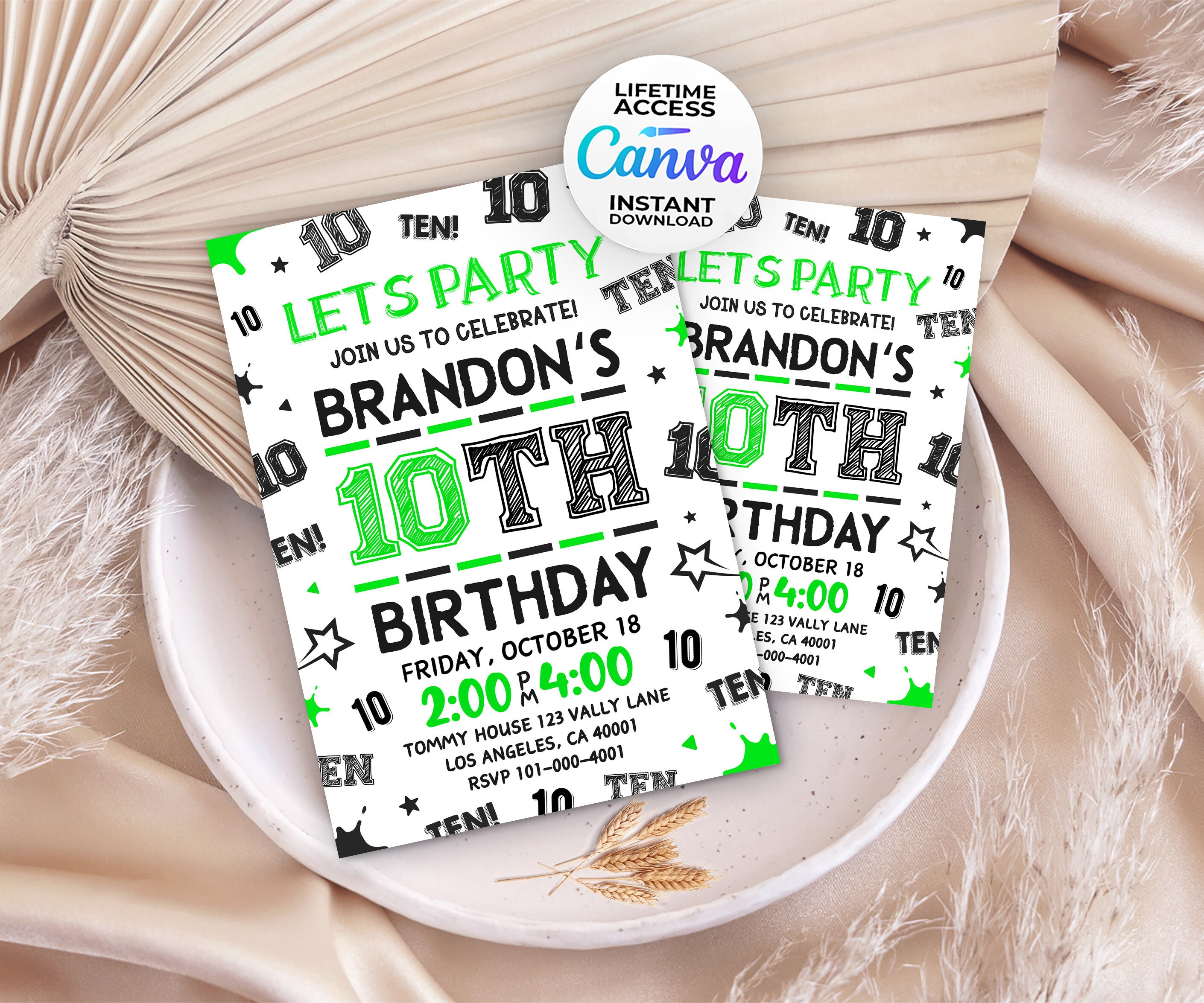 Editable 10th Boy Birthday Invitation, 10th Boy Number Invitation, 5x7 ...