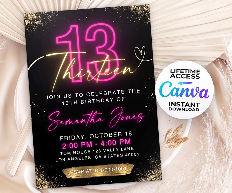 Editable 13th Girl Birthday Invitation, 13th Girl Number Invitation ...