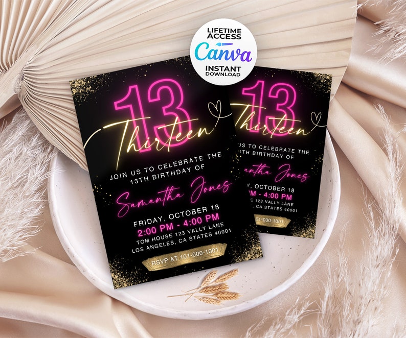 Editable 13th Girl Birthday Invitation, 13th Girl Number Invitation